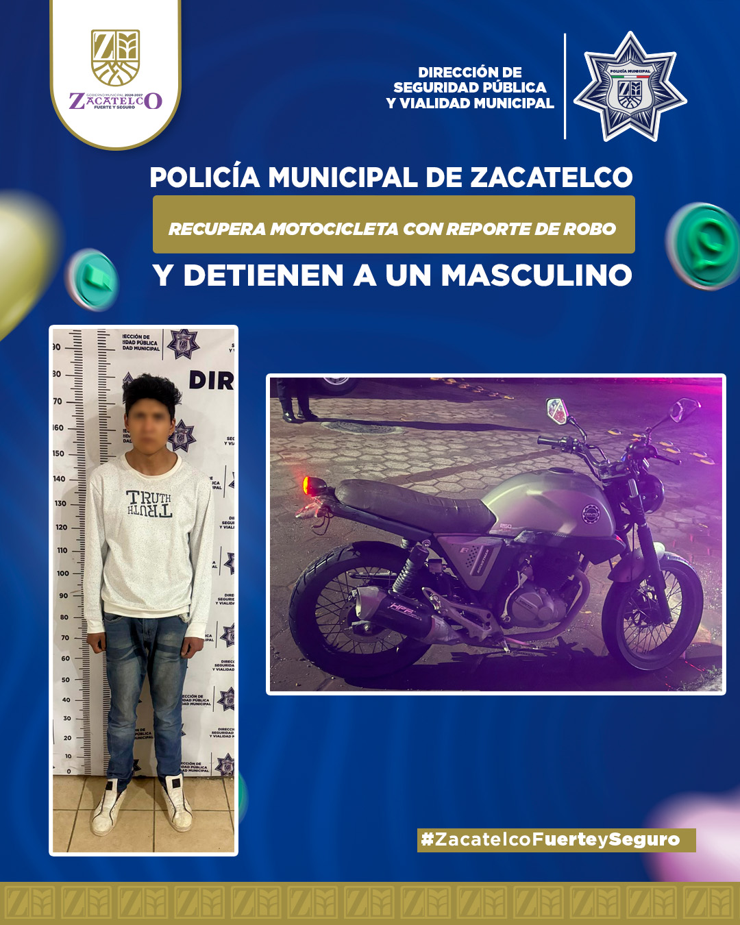 Aseguran a masculino por conducir moto con reporte de robo